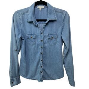 Love Fire Cotton Long Sleeve Button Front Denim Jean Blouse Blue Women's Size S
